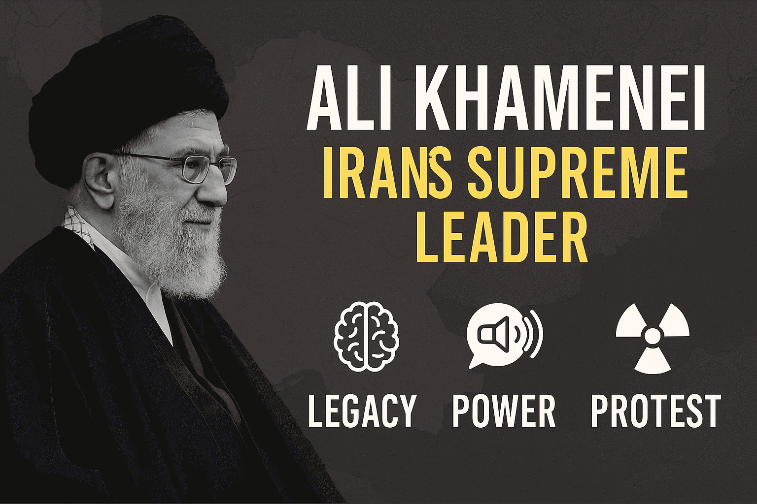 A portrait of Ayatollah Ali Khamenei, labeled "Iran's Supreme Leader," with icons for legacy, power, and protest, symbolizing his controversial rule in 2025.