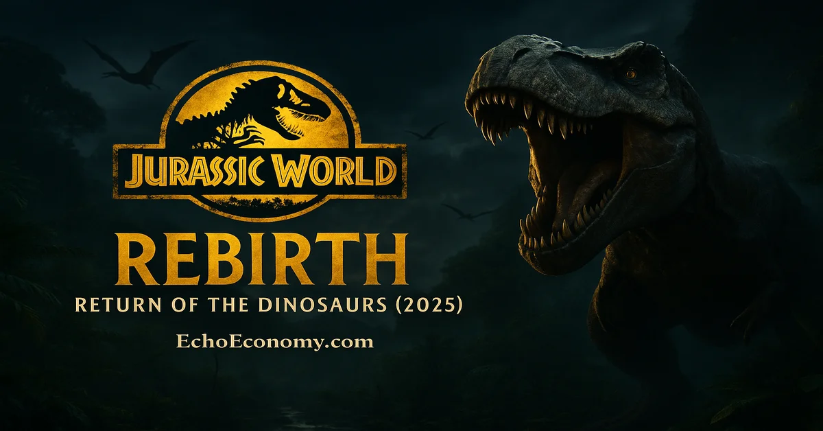 A roaring T. rex in a dark jungle with the Jurassic World: Rebirth (2025) logo and EchoEconomy.com branding